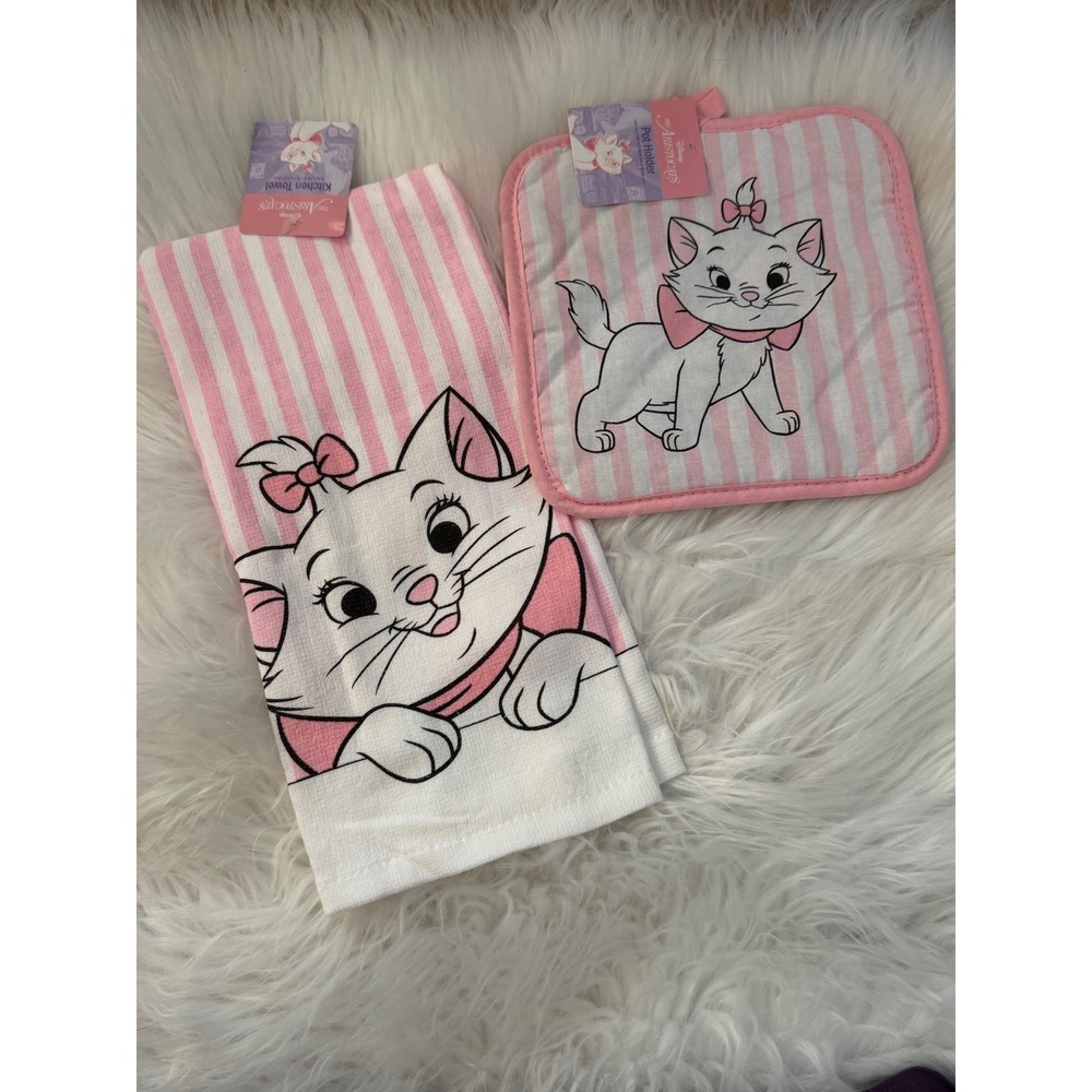 Disney The Aristocats Marie Pink Stripe Kitchen Towel and Pot Holder Set NWT